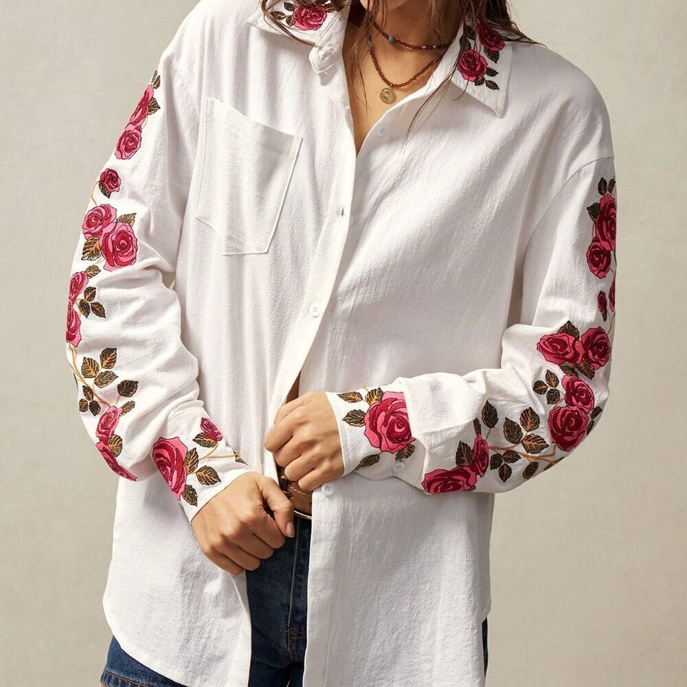 White Boho Women's Woven Asymmetrical Long Sleeve Shirt - Picture 7 of 7